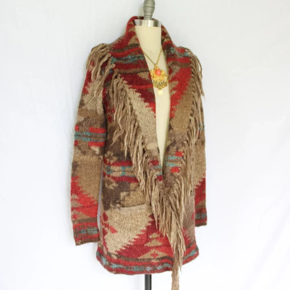SOLD. RALPH LAUREN Denim Supply fringe polo RRL wool Aztec tribal Cardigan - Picture 6 of 10